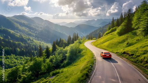 Fototapeta Naklejka Na Ścianę i Meble -  Aerial top view road in forest with car motion. Winding road through the forest. Car drive on the road between green forest. Ecosystem ecology healthy environment road trip. Holiday and Travel.