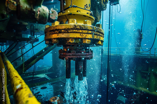 Underwater view of a blowout preventer, with drill bits and casing elements highlighting innovation in petroleum extraction 