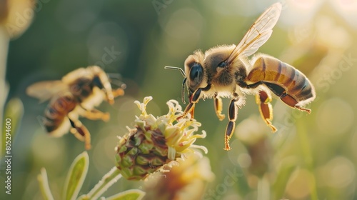 A bee landing on a flower for pollinating just as another bee takes off during a sunny day photo