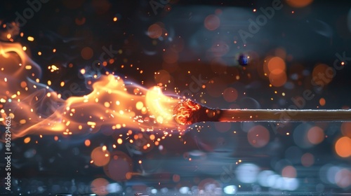 Macro shot of a match being lit with sparks flying everywhere photo