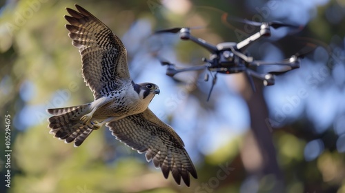 A falcon flies next to a drone.