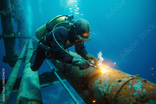 Underwater welder securing maritime safety through diligent pipeline repair equipment showcase 