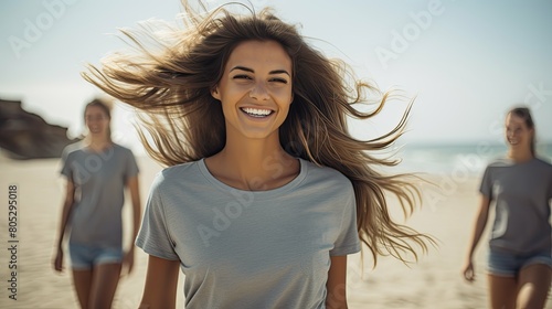 beach gray t-shirt woman In the second photograph photo