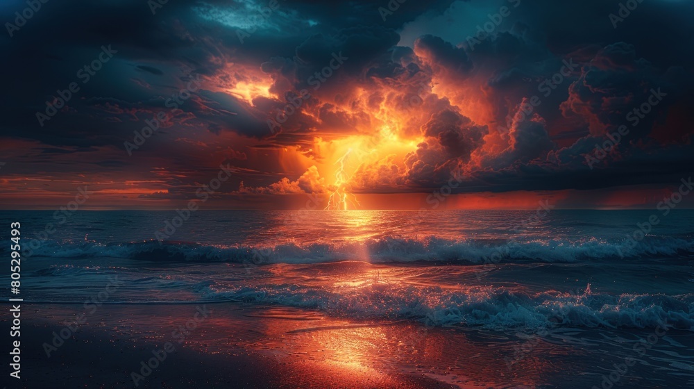 a landscape in the style of studio depicting a bright lightning bolt against a dark sky. the ocean rages below a landscape in the style of studio depicting a bright lightning bolt against a dark sky. the ocean rages below