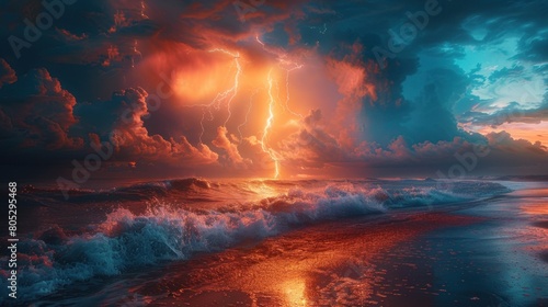 a landscape in the style of studio depicting a bright lightning bolt against a dark sky. the ocean rages below