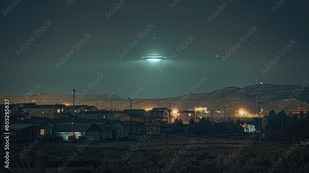 Alien flying saucer or UFO Floating over the city at night floating above the sky. Flying objects such as spaceships and alien invasions. Extraterrestrial life. Space travel. Spaceships. Alien flying saucer or UFO Floating over the city at night floating above the sky. Flying objects such as spaceships and alien invasions. Extraterrestrial life. Space travel. Spaceships.