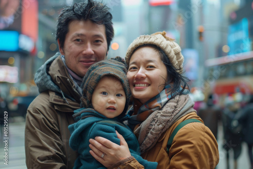 Loving  diverse family with two parents and a child shares a warm embrace on a bustling city street  showcasing the beauty of a modern  same-gender family