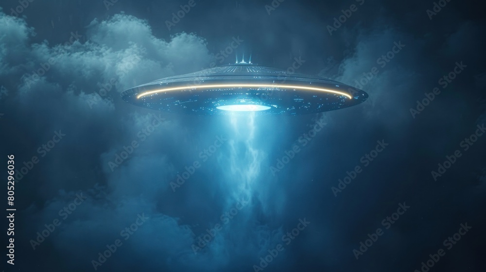 Alien flying saucer or UFO Blowing smoke at night floating above the sky. Flying objects such as spaceships and alien invasions. Extraterrestrial life. Space travel. Spaceships. Alien flying saucer or UFO Blowing smoke at night floating above the sky. Flying objects such as spaceships and alien invasions. Extraterrestrial life. Space travel. Spaceships.