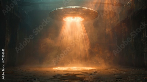 Fototapeta Naklejka Na Ścianę i Meble -  Alien flying saucer or UFO Blowing smoke at night floating above the sky. Flying objects such as spaceships and alien invasions. Extraterrestrial life. Space travel. Spaceships.