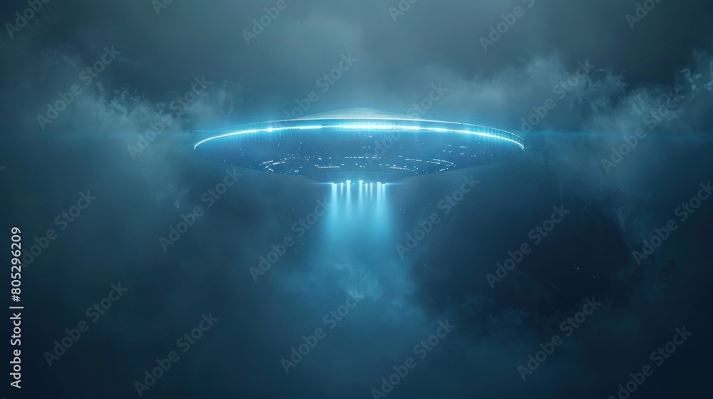 Obraz premium Alien flying saucer or UFO Blowing smoke at night floating above the sky. Flying objects such as spaceships and alien invasions. Extraterrestrial life. Space travel. Spaceships.