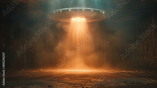 Alien flying saucer or UFO Blowing smoke at night floating above the sky. Flying objects such as spaceships and alien invasions. Extraterrestrial life. Space travel. Spaceships. photo