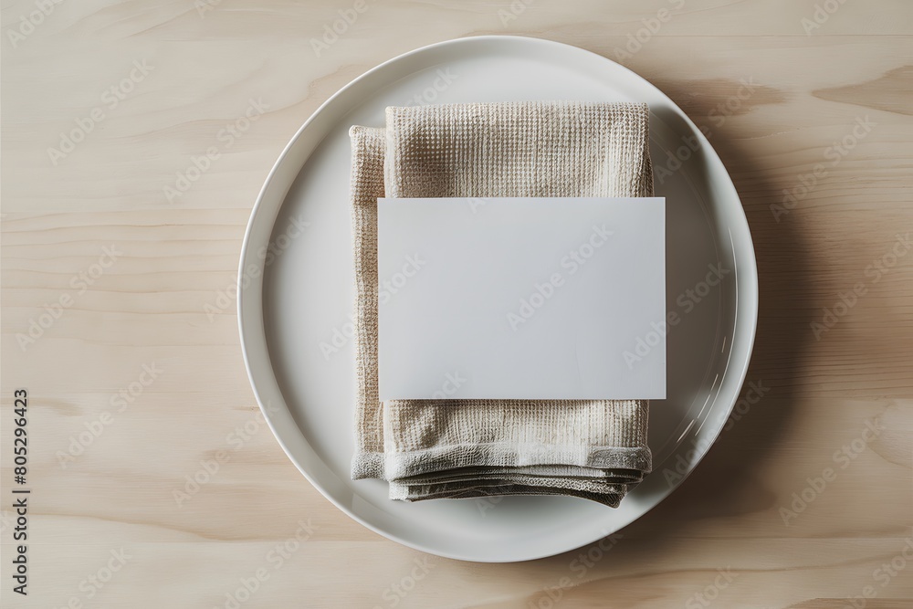 Minimalist setting with white plate, folded cloth and blank card exudes elegance