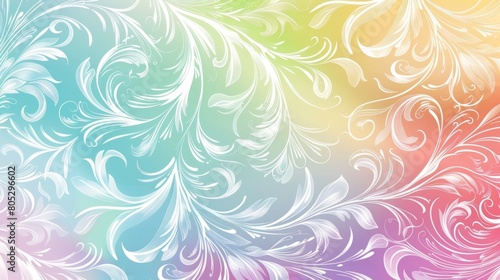A rainbow gradient background with swirling white floral patterns  creating an elegant and colorful design in the style of nature.