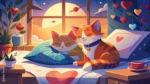 two cute cats lie on a pillow and sleep