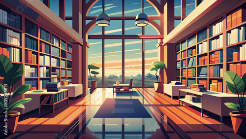 modern library interior with rows of books