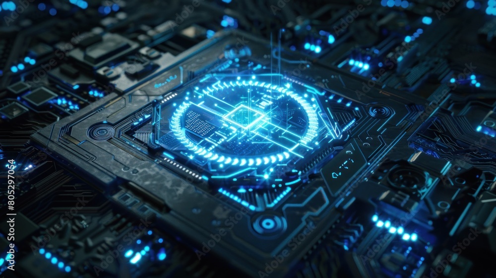 An electric blue glow illuminates the center of a close-up computer chip of complex blueprint algorithms for automotive lighting An electric blue glow illuminates the center of a close-up computer chip of complex blueprint algorithms for automotive lighting