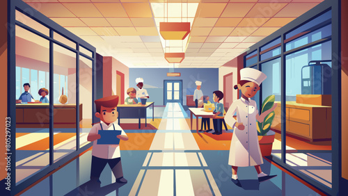 school hallway interior with kids and chef vector