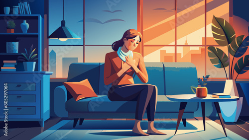 sick woman is clutching her chest on couch
