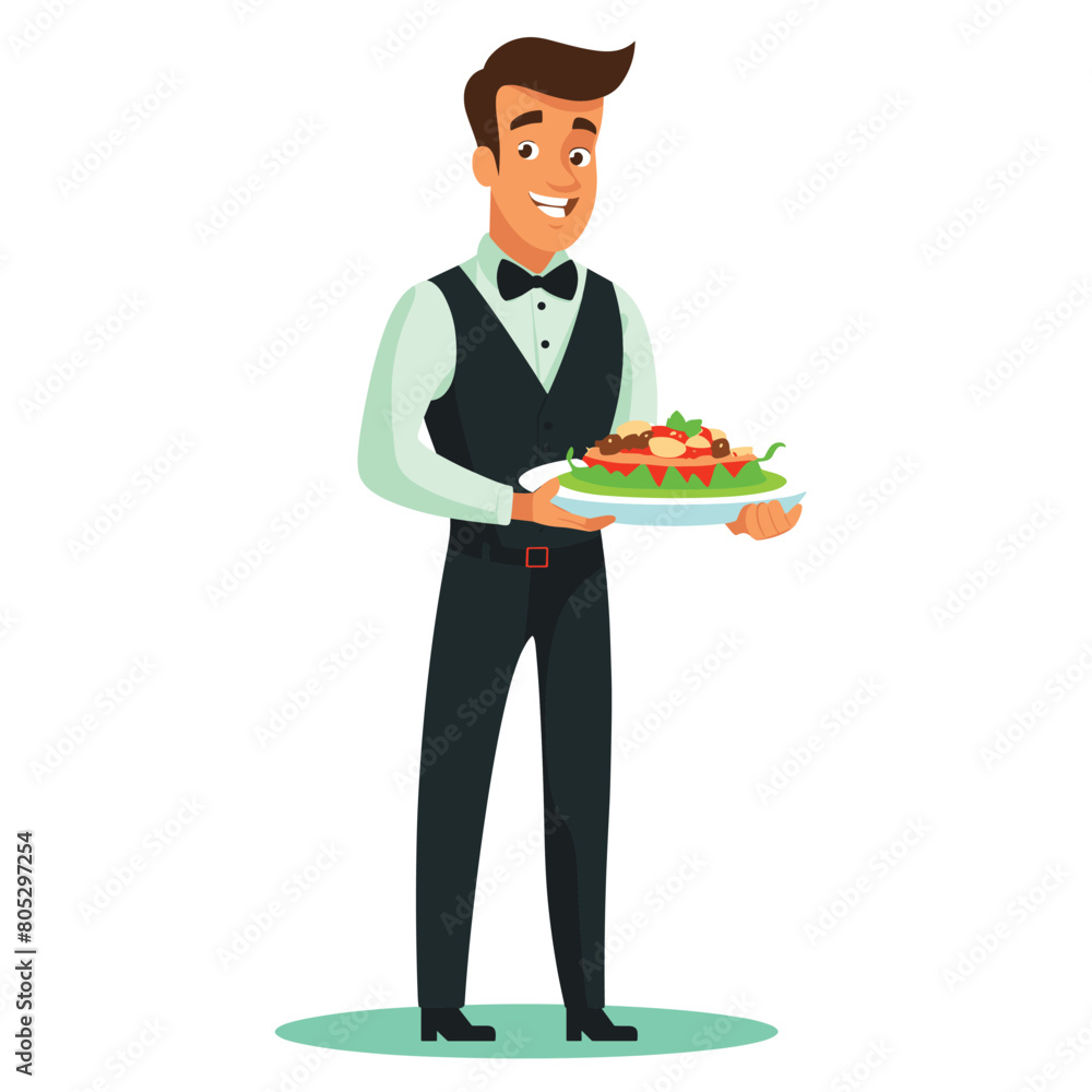 Waiter serving delicious salad, smiling male restaurant staff presenting dish. Smartly dressed Caucasian waiter offering fresh meal, hospitality professional work. Vest bow tie attire formal food Waiter serving delicious salad, smiling male restaurant staff presenting dish. Smartly dressed Caucasian waiter offering fresh meal, hospitality professional work. Vest bow tie attire formal food