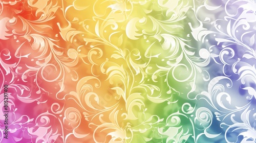 A rainbow gradient background with swirling white floral patterns, creating an elegant and colorful design in the style of nature. © SH Design