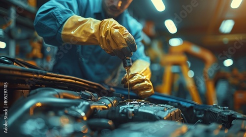 Close-up shot of auto mechanic in auto repair shop checking engine oil and engine in garage
