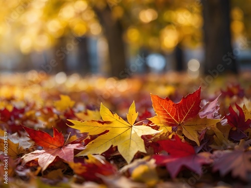 Harvest of Colors  Design a Striking Web Banner for Autumn and Year-End Events  Highlighting the Beauty of Red and Yellow Maple Leaves amidst Soft-Focus Light and Bokeh Background.