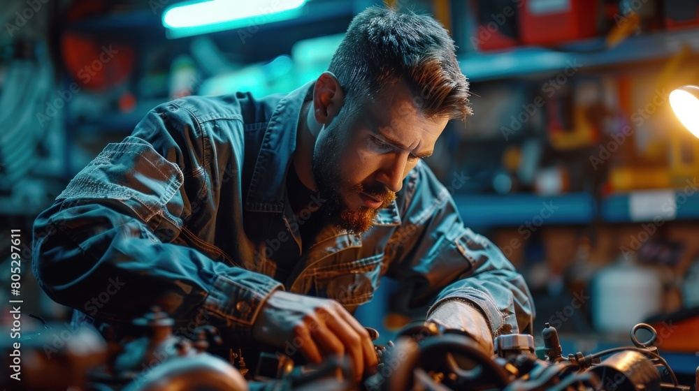 An auto mechanic is checking the engine and oil of a car that is being serviced in the garage An auto mechanic is checking the engine and oil of a car that is being serviced in the garage