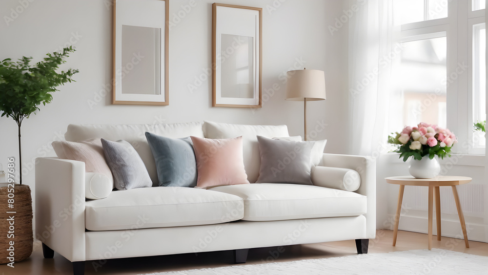 Living room interior with white sofa and pillows. 3d rendering. Living room interior with white sofa and pillows. 3d rendering.