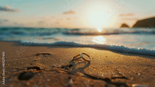 marriage proposal and rings on the seashore 