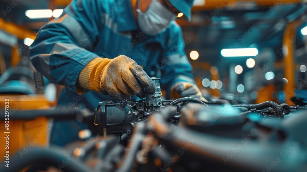An auto mechanic is checking the engine and oil of a car that is being serviced in the garage An auto mechanic is checking the engine and oil of a car that is being serviced in the garage