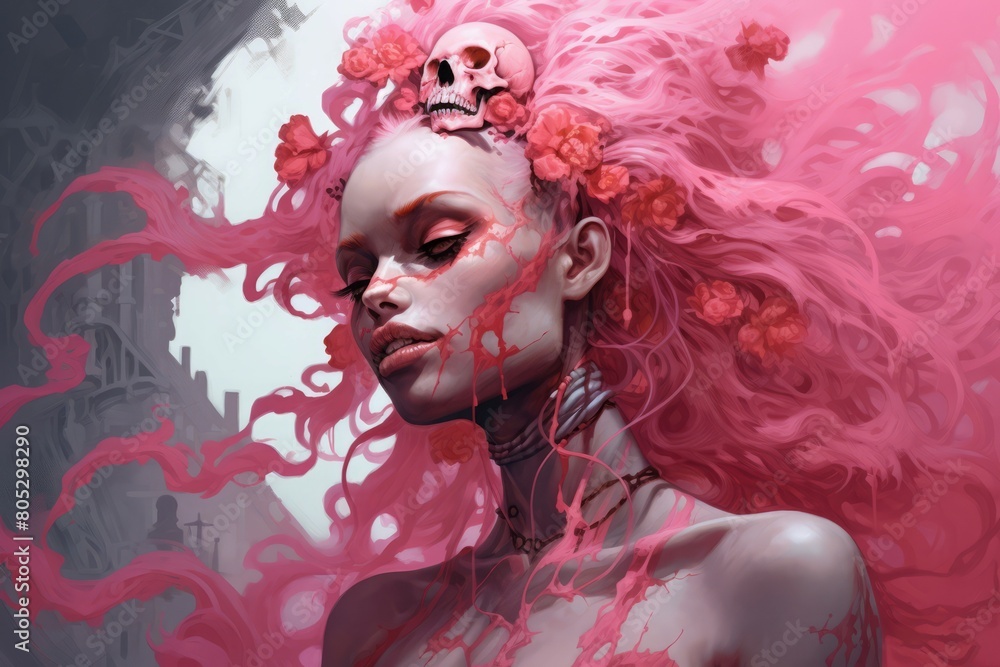 Captivating Skull pink woman. Skull horrible party. Generate Ai