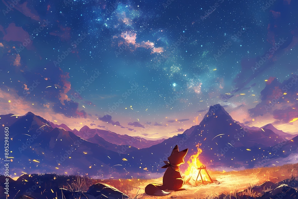 cartoon fox lighting a campfire at night