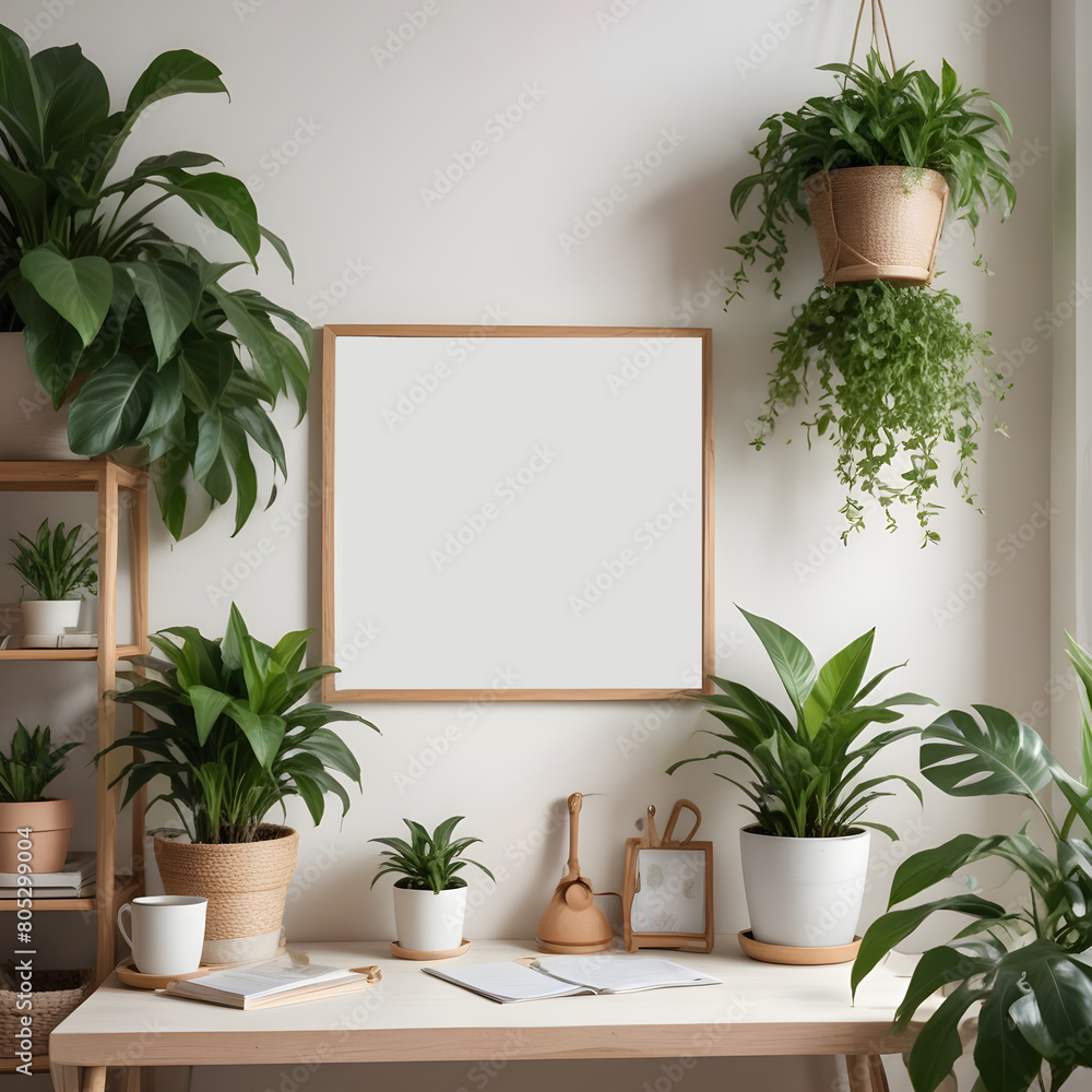 Wooden square poster frame mockup in nature-inspired home interior background, 3d render Wooden square poster frame mockup in nature-inspired home interior background, 3d render