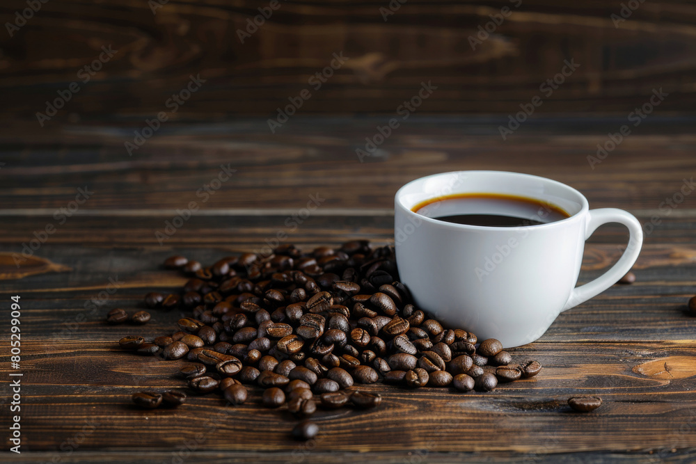 Cozy morning scene with a white cup of black coffee surrounded by scattered roasted coffee beans on a dark rustic wooden background. Ideal for a warm and inviting coffee theme Cozy morning scene with a white cup of black coffee surrounded by scattered roasted coffee beans on a dark rustic wooden background. Ideal for a warm and inviting coffee theme