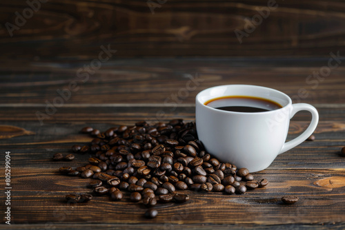 Cozy morning scene with a white cup of black coffee surrounded by scattered roasted coffee beans on a dark rustic wooden background. Ideal for a warm and inviting coffee theme