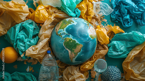 World Plastic bag free day concept globe on wast plastic bags