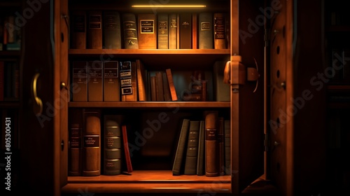 A book with a safe hidden inside, placed on a bookshelf among other books photo