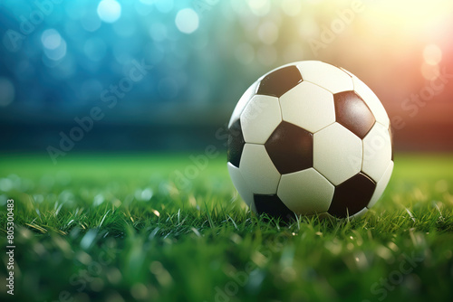 An soccer ball lying on grass in stadium with blurred stadium background can be seen. AI Generative © ungvar