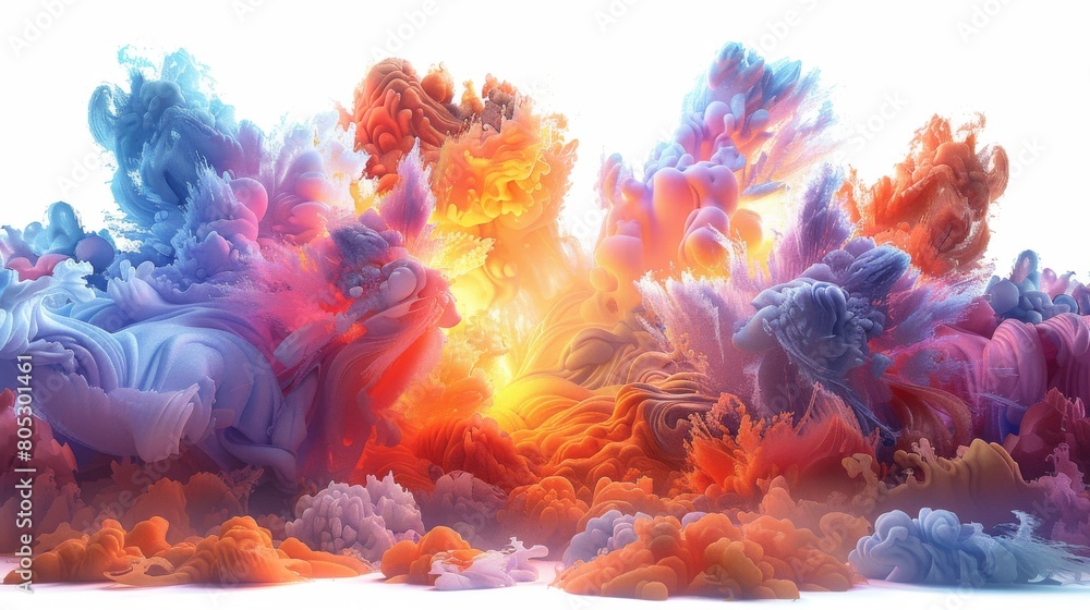 A colorful explosion of smoke and fire with a bright orange sun in the center