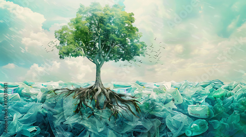 World Plastic bag free day - A Green tree on trash