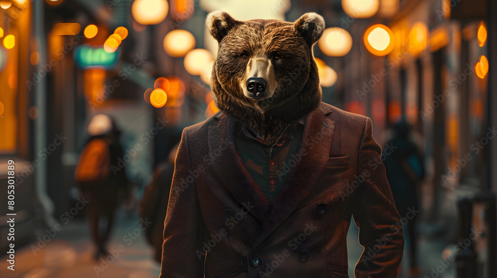 a handsome bear wearing a burgundy suit, proud, walking down the city street a handsome bear wearing a burgundy suit, proud, walking down the city street