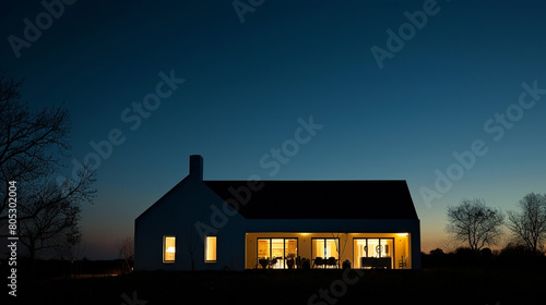 The silhouette of a white house against the night sky, with interior and landscape lighting creating a serene glow. The design includes a blend of traditional