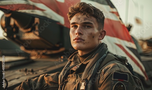 A young British soldier with military equipment stands in front of the English flag.