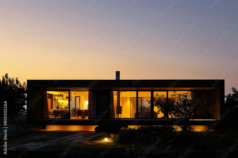 The silhouette of a modern, minimalist house against the evening sky, with warm interior lights casting a glow on the surrounding area. The house features a unique, architectural design and a serene, 