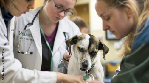 Veterinary class, close-up of vet showing how to examine a dog, attentive students, bright clinical setting