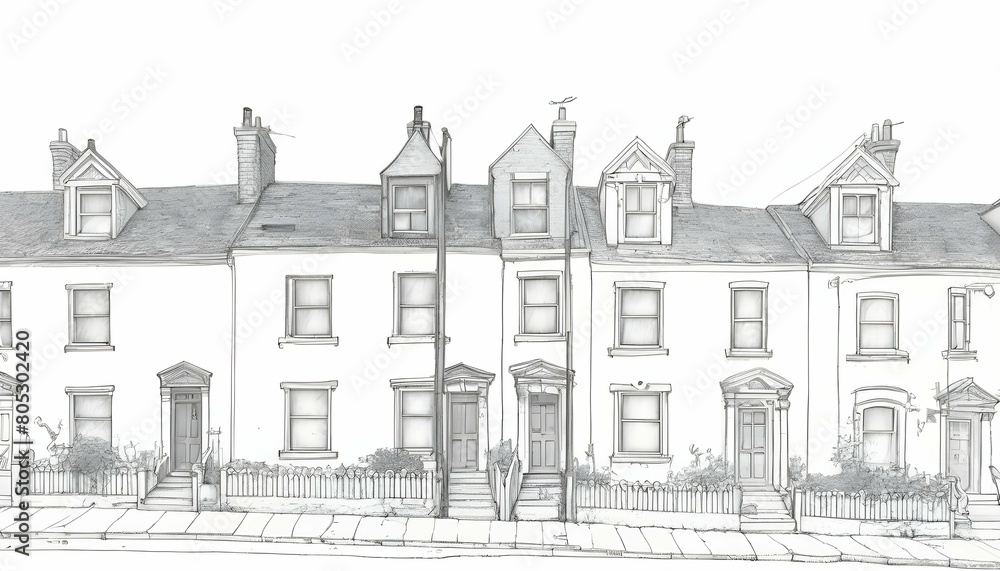 A Line Drawing Of A Row Of Houses On A Street