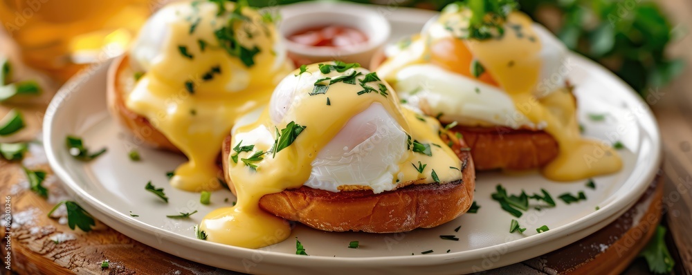 Eggs with poached eggs, ham, English muffins, and daise sauce, ready to eat Eggs with poached eggs, ham, English muffins, and daise sauce, ready to eat