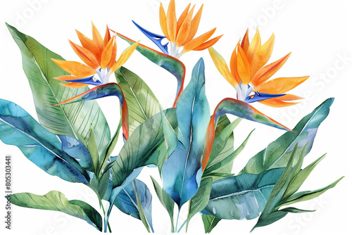 Watercolor bird of paradise clipart featuring exotic orange and blue flowers 