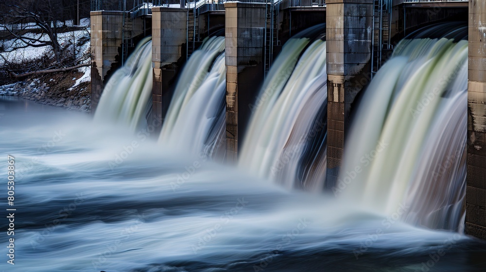 Hydroelectric dam, water cascading, twilight, close shot of flowing water, high contrast Hydroelectric dam, water cascading, twilight, close shot of flowing water, high contrast