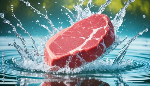 An image of the sirloin drowning in water and the water splashing around the meat